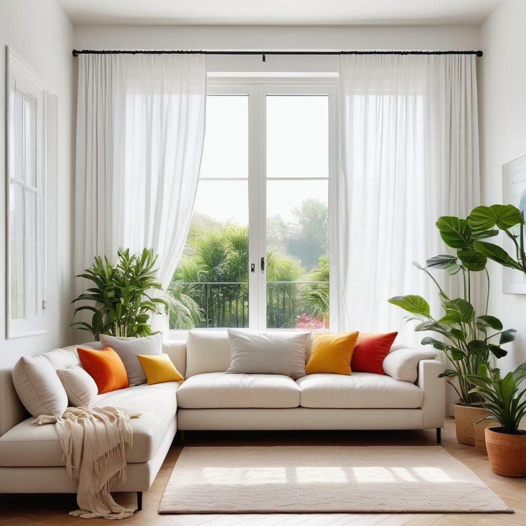 A serene indoor environment featuring a comfortable living room with a large window showcasing a bright sunny day at 26 degrees Celsius. Include elements like a cozy couch, houseplants, and a digital thermostat displaying the ideal temperature. Use warm, inviting colors to emphasize comfort and tranquility, complemented by a gentle breeze flowing through the curtains. super-realistic. vibrant colors. white background.