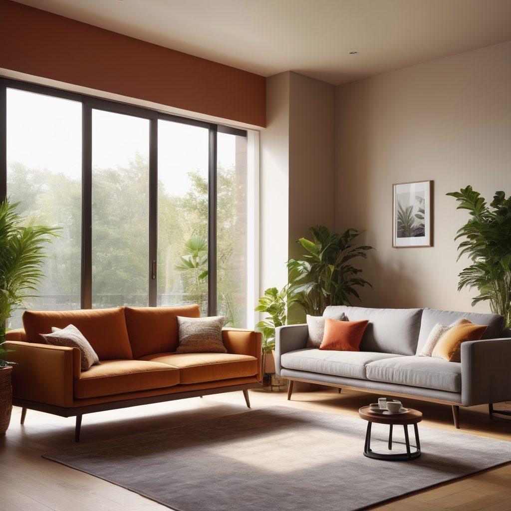 A cozy living room scene showcasing a comfortable sofa with a thermostat reading 26°C prominently displayed. Sunlight filters through large windows, casting warm tones across the room filled with indoor plants and soft textiles. An inviting atmosphere with a cup of steaming coffee on the table, symbolizing ultimate comfort. Illustrate the balance between nature and technology with a sleek air conditioning unit in the background. super-realistic. vibrant colors. cozy ambiance.